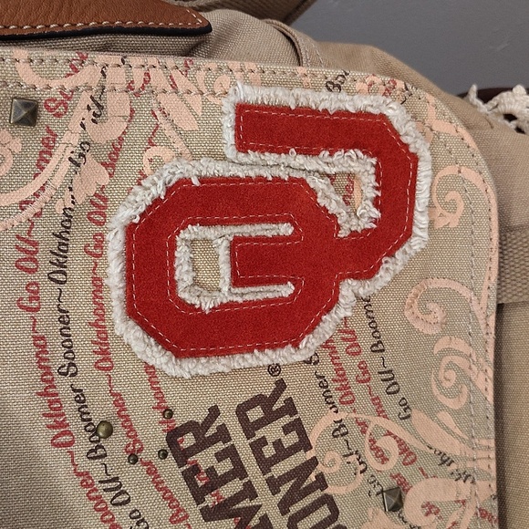 Fossil X OU Sooners Canvas Messenger Bag Tan Crimson OU Patch Adjustable Strap - Picture 2 of 9
